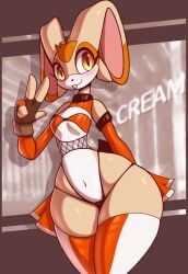 2022 aged_up anthro armwear bikini blush breasts clothed clothing cream_the_rabbit curvaceous curvy_figure female fingerless_gloves fishnet flat_chest flat_chested gesture gloves handwear hi_res lagomorph legwear leporid mammal navel r-mk rabbit sega skimpy skimpy_bikini small_breasts solo sonic_(series) sonic_the_hedgehog_(series) stockings swimwear thick_thighs tongue tongue_out v_sign voluptuous wide_hips