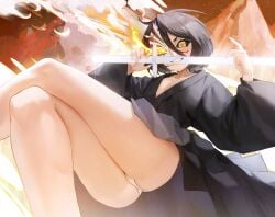 1girls ass ass_focus black_hair black_sclera bleach blush hollow_(bleach) kuchiki_rukia legs mask panties peach_ass shinigami smile sword white_panties yellow_eyes