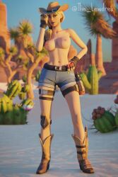 1girls 2020 3d areolae blender blonde_hair boots breasts clothed clothing cowgirl cowgirl_hat cowgirl_outfit epic_games female female_focus female_only fortnite fortnite:_battle_royale half-dressed half_naked hand_on_waist hat headwear highres jean_shorts lewdrex light-skinned_female light_skin looking_at_viewer medium_breasts nipples outdoors outside pose posing presenting presenting_breasts rustler solo solo_focus standing topless watermark