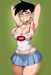 ai_generated bigpervywig breasts cleavage danny_fenton danny_phantom genderswap_(mtf) hands_behind_head nipples rule_63 skirt