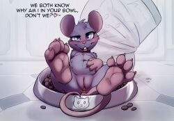 2024 4_toes anthro belly blush bodily_fluids dialogue digital_media_(artwork) english_text feet female fingers foot_focus hi_res looking_at_viewer mammal navel pet_bowl rodent semi-anthro slowderpyguy solo spread_legs spreading sweat tagme text toes