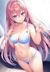 1girls ai_generated bed bedroom_setting belly_button blue_bra blue_eyes blue_panties bow_bra bow_panties classroom_of_the_elite female hand_on_bra_strap ichinose_honami_(cote) long_hair pink_hair schoolgirl smile solo_female solo_focus stomach underwear