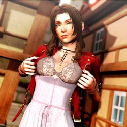 1girls 3d aerith_gainsborough big_breasts bow bra braid braided_ponytail breasts breasts_out brown_hair busty cleavage confident cropped_jacket dress drill_hair female female_only final_fantasy final_fantasy_vii final_fantasy_vii_remake flower green_eyes highres jacket large_breasts lips naughty_face off_shoulder pink_bow pink_dress presenting presenting_breasts red_jacket sensual smile solo square_enix underwear virtualblueam2