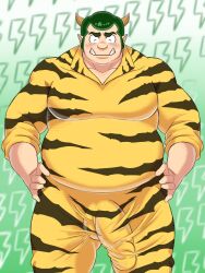 2024 balls_outline belly big_belly bulge closed_eyes clothed clothing genital_outline ginnan_0510 green_hair hair hi_res horn horned_humanoid humanoid lum's_father male male_only musclegut overweight overweight_male penis_outline solo urusei_yatsura