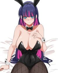 1girls abirdeer blue_eyes blush breasts bunny_costume bunny_ears bunnysuit cleavage fishnet_legwear fishnet_stockings fishnets huge_breasts looking_at_viewer multicolored_hair panty_&_stocking_with_garterbelt pink_hair purple_hair stocking_anarchy thick_thighs thighs