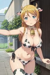 ai_generated animal_ears animal_print aqua_eyes bell bikini blush breasts cleavage cow_ears cow_horns cow_print cowbell fake_horns female front-tie_top hair_ornament hairclip highres horns kousaka_kirino large_breasts long_hair looking_at_viewer metadata_request navel neck_bell omegatest ore_no_imouto_ga_konna_ni_kawaii_wake_ga_nai outdoors side-tie_bikini_bottom solo swimsuit thighhighs