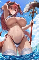 bikini cleavage dragon_girl dragon_horns dragon_tail female_only horns huge_breasts long_hair looking_at_viewer navel outdoors polearm red_eyes red_hair silvertsuki solo swimsuit tail thick_thighs thighhighs water