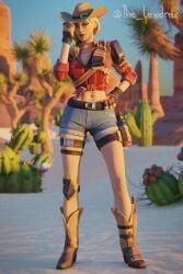 1girls 2020 3d blender blonde_hair boots clothed clothing cowgirl cowgirl_hat cowgirl_outfit epic_games female female_focus female_only fortnite fortnite:_battle_royale hand_on_waist hat headwear highres jean_shorts lewdrex light-skinned_female light_skin looking_at_viewer outdoors outside pose posing rustler solo solo_focus standing watermark