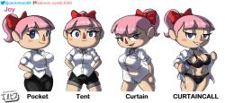 1girls 2022 animal_crossing animal_crossing_girl bedroom_eyes black_underwear blue_eyes bow bow_ribbon bra breasts button_down_shirt curtain_call_challenge digital_media_(artwork) fan_character female female_only human jackintaro joy_(jackintaro) light-skinned_female light_skin looking_at_viewer multiple_images nintendo oc office_clothing office_lady open_shirt panties pink_hair ponytail red_bow shirt simple_background solo tied_hair underwear undressing villager_(animal_crossing) white_shirt