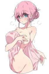 big_breasts blue_eyes bocchi_the_rock! curvaceous curvy_female gotou_michiyo large_breasts mature_female melty_pot milf pink_hair towel towel_only