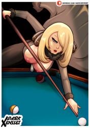 big_breasts billiard_table billiards blonde_hair breasts breasts cynthia_(pokemon) shirona_(pokemon)