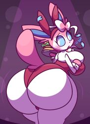 anthro ass big_ass big_breasts blue_eyes breasts bunnysuit burger cleavage female food gravtitty half-closed_eyes long_ears nintendo pink_body pink_fur pokemon ribbons solo suit sylveon tail white_body white_fur wide_hips