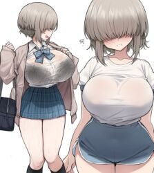 bowtie bra bra_visible_through_clothes cardigan collared_shirt embarrassed female gigantic_breasts hair_over_eyes kanji lace-trimmed_bra multiple_views nago_purin nipple_bulge no_bra plaid_skirt see-through_clothing short_shorts shorts slender_waist thick_thighs uzaki-chan_wa_asobitai! uzaki_yanagi wet wet_skin white_background wide_hips