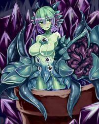 alraune blush breasts colored_skin commentary_request female gradient_hair green_eyes green_hair green_skin large_breasts monster_girl monster_girl_encyclopedia multi_eye multicolored_hair navel no_nipples plant_girl purple_hair short_hair solo tentacle tentacle_(monster_girl_encyclopedia) two-tone_hair yu_(yoki)