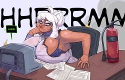 1girls 2022 aries_(thedansome) bra breasts breasts_on_table english english_text female female_focus fire_extinguisher gigantic_breasts hi_res high_resolution highres huge_breasts oc ripped_clothing ripped_shirt solo solo_female solo_focus text thedansome tired tired_eyes top_heavy white_hair