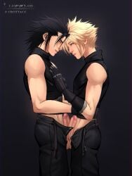 black_hair black_panties blonde_hair blue_eyes cloud_strife final_fantasy_vii_remake frottage gay gloves hand_on_breast hand_on_hip lawwclair male male_only open_clothes smirk staring zack_fair