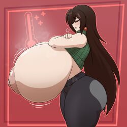 big_ass brown_hair closed_eyes green_sweater huge_ass huge_breasts hyper_breasts massive_breasts solo steamy sweater sweaty sweaty_breasts tagme takano_(artist) vannie_(takano)