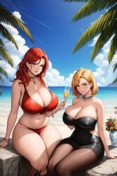 2girls ai_generated alcohol beach beach_background belly belly_button big_breasts bikini blonde_hair blush bob_cut boots bracelet breasts breasts_bigger_than_head cleavage collar commentary_request curvaceous curvy curvy_female curvy_figure dress drink earrings enormous_breasts female female_only hanging_breasts hourglass_figure huge_breasts lia_the_busty_redhead light-skinned_female light_skin lipstick long_hair looking_at_viewer mature mature_female mature_woman milf milfs mommy oc original original_character outdoors palm_tree pantyhose red_hair revealing_clothes seductive seductive_look self_upload short_dress short_hair skimpy skimpy_clothes tagme thick_thighs thighs tight_clothing tight_fit unstable_diffusion voluptuous voluptuous_female water wavy_hair