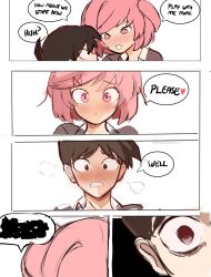 1boy 1girls blush doki_doki_literature_club heart looking_at_partner looking_at_viewer mc_(doki_doki_literature_club!) natsuki_(doki_doki_literature_club) pink_eyes pink_hair rakeemspoon wholesome