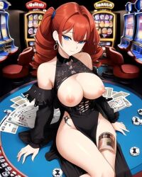 ai_generated black_hair blackjack_table blue_eyes breasts breasts_out bright_eyes casino casino_card_table casino_chip curly_hair earrings female female_focus female_only ginger_hair money sitting_down sitting_on_table slot_machine