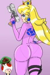 1boy 1girls 1other alternate_costume ambiguous_gender ass blonde_hair blue_eyes bodysuit breasts bubble_butt chiboy622 clothed clothing cosplay crossover crown dat_ass ear_piercing female female_focus freckles fully_clothed gun hand_on_hip heart heart-shaped_pupils heart_eyes holding holding_gun holding_object holding_weapon large_breasts lipstick long_hair looking_at_viewer male mario_(series) medium_hair metroid metroid_(creature) naughty_face nintendo photoshop pink_background pink_bodysuit princess_peach samus_aran_(cosplay) seductive seductive_smile sideboob simple_background skyfall1999 standing third_party_edit tight_clothing toad_(mario) weapon white_skin zero_suit