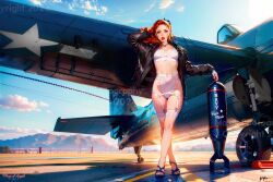 2024 ai_generated aircraft bomb bomber_jacket fm-2_wildcat garter_straps kacie_marie malak pilot pilot_uniform plane red_hair stockings white_lingerie wildcat_kaice