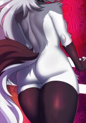 anthro ass ayuyabo canid canid_demon canine clothing collar demon female fingerless_gloves fur gloves grey_body grey_fur hair hellhound helluva_boss long_hair long_tail loona_(helluva_boss) mammal multicolored_body multicolored_fur spiked_collar spikes stockings tail white_body white_fur