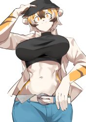 anthro belt big_breasts breasts clothed clothed_female female hat looking_at_viewer mei_xiang midriff midriff_baring_shirt mx99926 oc original_character short_hair smile smiling smiling_at_viewer striped striped_body striped_fur stripes thick_thighs tiger_ears tiger_girl tiger_stripes tiger_tail wide_hips