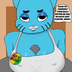 anthro big_breasts breast_play breasts cartoon_network clothed clothing dialogue domestic_cat duo english_text erect_nipples felid feline felis female genitals hi_res humanoid inprogress male male/female mammal mature_female morning nicole_watterson nipples paizuri penis sex text the_amazing_world_of_gumball titfuck titjob