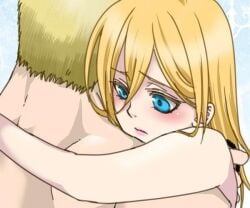 artist_request attack_on_titan blush christa_lenz face_focus historia_reiss hugging_each_other implied_after_sex implied_nudity implied_sex marleyan_and_eldian muscular_male offscreen_sex reiner_braun shingeki_no_kyojin smaller_female