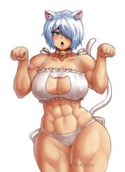 1girls abs angel_(kof) animal_ears bell bell_collar blue_eyes blush bra breasts cat_cutout cat_ear_panties cat_ears cat_keyhole_bra cat_lingerie cat_tail catgirl cleavage clenched_hands collar covered_nipples female hair_over_one_eye highres jingle_bell king_of_fighters large_breasts latina looking_at_viewer mexican midriff muscular muscular_female navel open_mouth panties paw_pose short_hair side-tie_panties simple_background snk solo succubai thick_thighs tomboy underwear underwear_only white_bra white_hair white_panties wide_hips