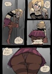 1girls 4koma ass biku blonde_hair blush brown_bag desperation door english_text handbag have_to_pee leaking need_to_pee original original_character panties panties_under_pantyhose pantyhose pee_leak short_hair skirt skirt_lift speech_bubble sweat underwear