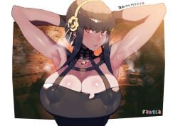 armpits arms_behind_head arms_up big_breasts big_cleavage black_hair blush border breasts cleavage collared_dress dress earrings eyebrows_visible_through_hair female hairband huge_breasts jewelry long_hair looking_at_viewer namaniku_atk nipple_bulgd nipple_bulge nipples_visible_through_clothing outside_border red_eyes shounen_jump shounen_jump+ sidelocks sleeveless solo spy_x_family sweat sweatdrop thorn_princess torn_clothes white_border yor_briar yor_forger