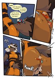 ?! ambiguous_gender anthro anthro_only ass balls between_cheeks biped brown_body brown_fur clothing dialogue digital_media_(artwork) english_text extreme_size_difference fur genitals group guardians_of_the_galaxy hi_res inside_clothing larger_anthro larger_male male mammal marvel micro procyonid raccoon rocket_raccoon rodent size_difference skipperz smaller_ambiguous smaller_anthro sound_effects speech_bubble text trio