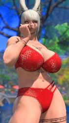 3d abs angrysuccubus_(artist) blonde_hair bra breasts bunny bunny_ears cleavage dark_nipples eyelashes final_fantasy final_fantasy_xiv fit_female freckles glowing_eyes gpose(ffxiv) lace orange_eyes original_character red_bra self_upload solo tattoo viera voluptuous