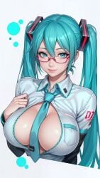 1girl ai_generated anime anime_style big_breasts blue_eyes blue_hair breasts busty cleavage close-up fake_breasts firm_breasts focus glasses hair_between_eyes hatsune_miku large_breasts long_hair looking_at_viewer necktie necktie_between_breasts round_breasts seducing seduction seductive seductive_body seductive_eyes seductive_look seductive_smile sensual shiny shiny_breasts shiny_clothes shiny_hair shiny_skin shy sky4maleja smile tie twintails upper_body vocaloid voluptuous white_background