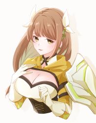 1girls black_corset braid braided_ponytail breasts brown_hair cleavage corset female female_only fire_emblem fire_emblem_engage gloves goldmary_(fire_emblem) highres hooded_top large_breasts low_ponytail mole mole_on_breast nintendo ribbon single_shoulder_pad solo white_gloves white_ribbon yutohiroya