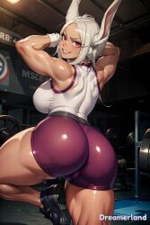 1girls ai_generated back_view big_ass boku_no_hero_academia booty_shorts brown_skin bubble_butt bunny_ears bunny_girl dat_ass female female_only fit_female gym gym_clothes gym_uniform huge_ass huge_breasts leg_raise looking_at_viewer looking_back miruko my_hero_academia red_eyes rumi_usagiyama short_shorts showing_ass thick thick_ass thick_thighs weights white_hair workout_clothes