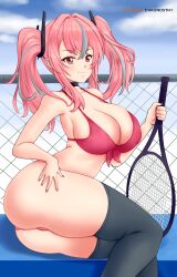 1girl 1girls bikini deviantart earrings fanbox_reward gummslime gumroad hair_ornament large_breasts painted_nails patreon pink_eyes stockings tagme tennis_racket thick_thighs two_tone_hair