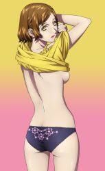 black_panties juri_yukawa_(kokkoku) kokkoku looking_at_viewer plain_background red_lips short_hair undressing
