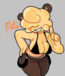 anthro arcaned_roses bear_ears black_bra brown_pants fanart honey looking_at_viewer meli_(finishedthedemo) no_eyes roses_arcaned tagme yellow_body