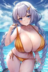 big_breasts bikini blue_eyes kizuna_akari pov swimsuit thick_thighs twintails vocaloid voiceroid white_hair