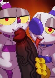 big_nose bulge chubby chubby_male cuphead cuphead_(game) dark-skinned_male femboy gay mugman oral penis_grab penis_kiss penis_lick sex sssonic2 studio_mdhr the_devil_(cuphead) underwear yaoi