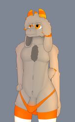 anthro body_hair bovid caprine chest_hair clothing floppy_ears fur fur_tuft genitals goat grey_body grey_fur gusta gusta_(gusta) hair hi_res horn legwear male mammal mostly_nude orange_clothing orange_eyes orange_horn orange_legwear orange_stripes orange_thigh_highs orange_underwear pattern_clothing pattern_legwear pattern_thigh_highs penis solo striped_clothing striped_legwear striped_thigh_highs stripes tail tenting thigh_highs thong tuft underwear