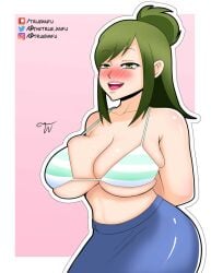 1girls 2019 big_breasts blush boku_no_hero_academia bra breasts cleavage female female_only green_eyes green_hair hands_behind_back happy inko_midoriya light-skinned_female light_skin long_hair looking_at_viewer looking_back mature_female midoriya_inko milf my_hero_academia ponytail skirt small_bra smooth_skin tied_hair truewaifu wide_hips