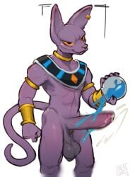 anthro anthro_only balls beerus biped bodily_fluids boner cum domestic_cat dragon_ball dragon_ball_super erection felid feline felis genital_fluids genitals hi_res humanoid_genitalia humanoid_penis male male_only mammal meatshaq penis purple_body simple_background solo white_background