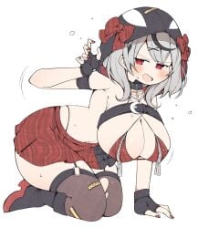 belt bikini blush grey_hair hololive hololive_japan holox kuma_no_bansoukou large_breasts looking_at_viewer red_eyes sakamata_chloe skirt stockings tagme thick_thighs virtual_youtuber wide_hips zipper