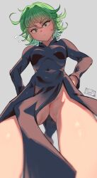 1girls 2d ? anime_style artist_signature ass ass_visible_through_thighs black_dress confused confused_look dress female female_focus female_only gray_background green_eyes green_hair grey_background hands_on_hips highres light-skinned_female light_skin looking_at_viewer looking_down low-angle_view no_panties nopan one-punch_man petite ryu2 short_hair simple_background small_breasts solid_color_background standing tatsumaki thighs viewed_from_below