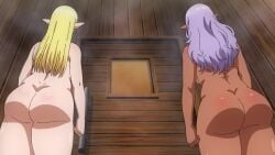 2_girls anime_screenshot big_ass big_breasts blonde_hair bubble_butt completely_nude_female curvaceous curvy curvy_figure dark-skinned_female dark_elf dark_skin elf elf-san_wa_yaserarenai elf_female elfuda fat_ass female_only huge_ass kuroeda light_purple_hair long_hair nude plump plus-sized_elf pointy_ears purple_hair sauna steam steam_room steamroom tagme thick_thighs thighs voluptuous voluptuous_female wide_hips