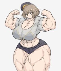 big_breasts big_muscles blue_bra brown_hair flexing_both_biceps grey_shirt looking_at_viewer muscular_female orange_eyes sheepapp smiling tight_clothing